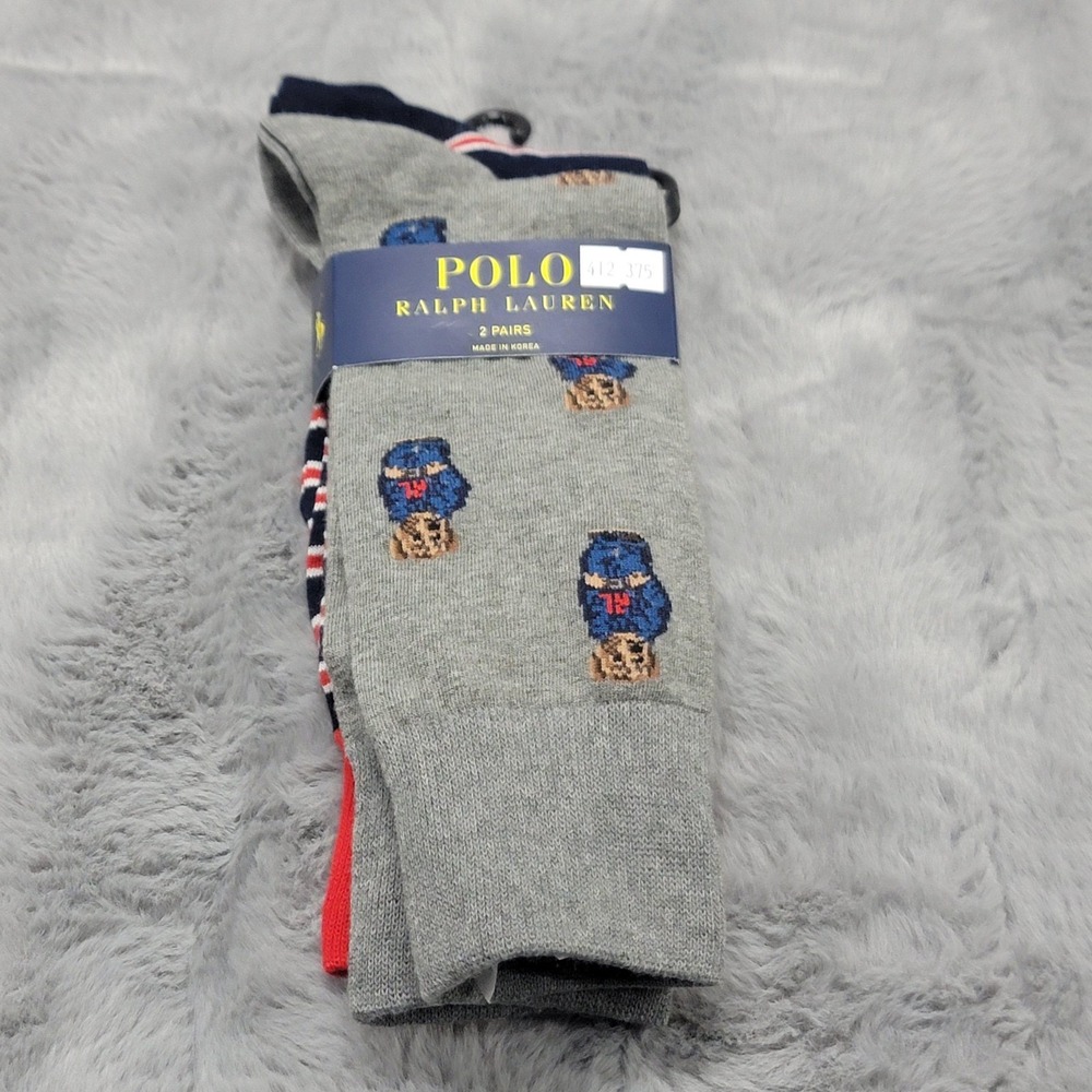 Polo Ralph Lauren Socks Mens 10-13 Gray‎ Stripe Polo Bear Crew 2 Pack Mid Calf
